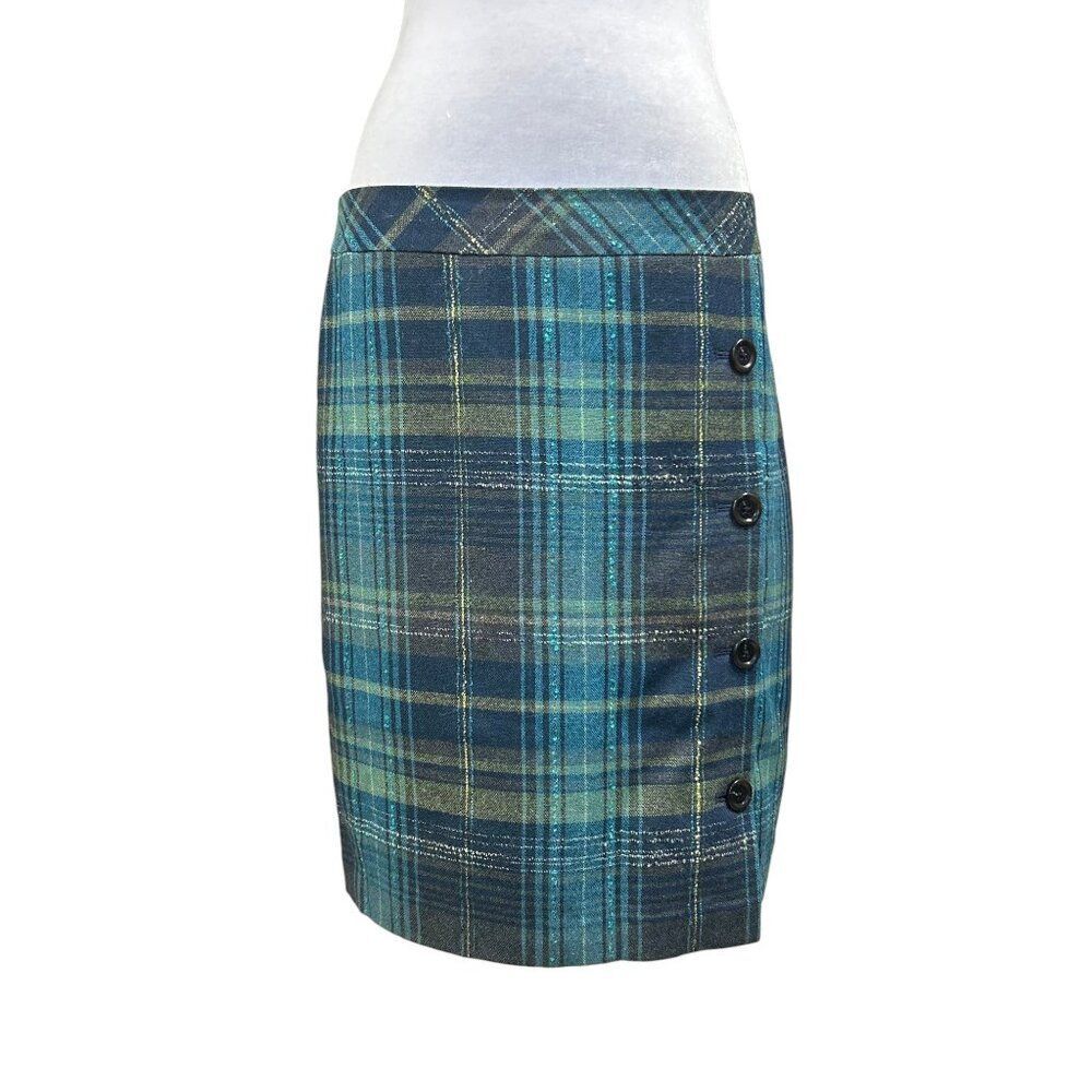J. Jill Skirt Womens Size 10 Blue Plaid Recycled Wool Academia Button Front